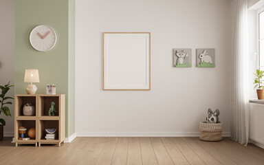 Fototapeta premium Interior of childroom in pastel colors in modern minimalist style. Copy space. Template, 3d rendering 