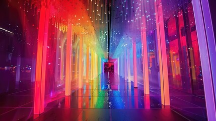 A pride-themed art installation with colorful lights and patterns.