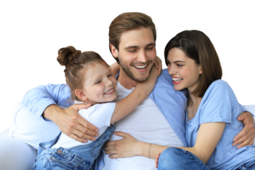 Positive friendly young parents with smiling little daughter sitting on sofa together while relaxing at home on weekend on a transparent background
