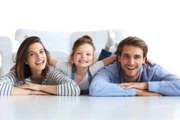 Young Caucasian family with small daughter pose relax on floor in living room, smiling little girl kid hug embrace parents, show love and gratitude on a transparent background