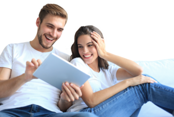 Young couple watching media content online in a tablet sitting on a sofa on a transparent background