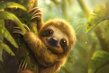 Fototapeta premium Adorable baby sloth clinging to a tree, adding a touch of whimsy to tropical-themed designs