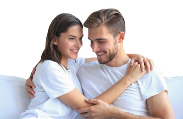 Happy young couple hugging and looking at each other on a transparent background