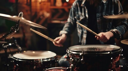 A drummer in a studio setting, captured in a moment of intense focus. 