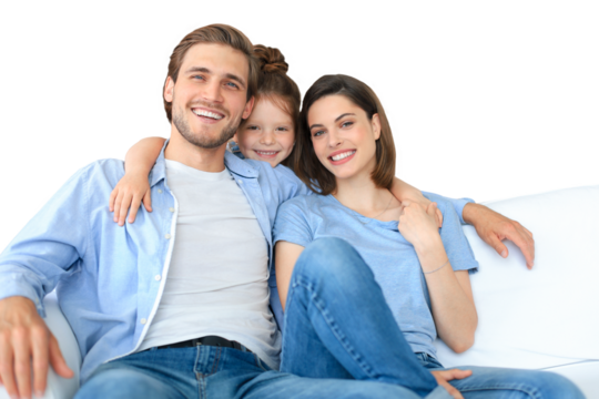 Positive friendly young parents with smiling little daughter sitting on sofa together while relaxing at home on weekend on a transparent background