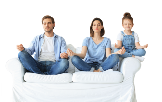 Calm young family with little daughter sit on couch practice yoga together on a transparent background