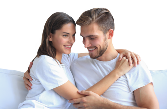 Happy young couple hugging and looking at each other on a transparent background - Powered by Adobe