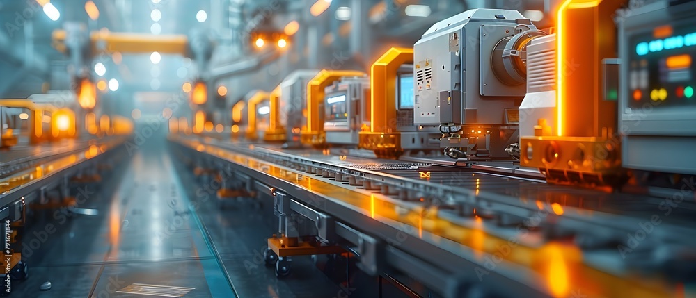 Poster content workers in smart factory overseeing automated production lines. concept smart factory, autom