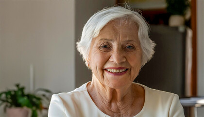 A healthy cheerful elderly caucasian woman  with wrinkle at house . Golden age grandmother healthcare lifestyle for retirement,