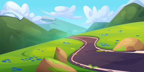 Summer day mountains landscape with winding road, green grass and rocks. Cartoon vector illustration of spring sunny scenery with empty asphalt serpentine highway, hills and blue sky with clouds - obrazy, fototapety, plakaty