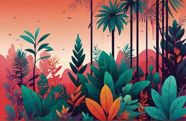 Vector illustration in trendy flat style and bright vibrant gradient colors - background with copy space for text - plants, leaves, trees