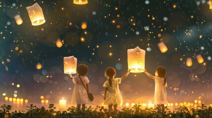 A peaceful scene of children releasing lanterns or floating candles for Children's Day, with space for event messages.  - Powered by Adobe