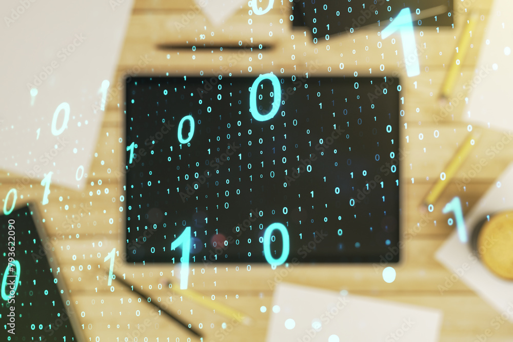 Aufkleber Creative abstract binary code sketch and modern digital tablet on background, hacking and matrix concept. Multiexposure