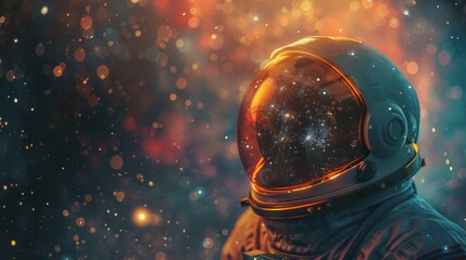 An astronaut's helmet with a reflection of the universe on the visor.