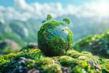 A beautiful green planet covered in moss and small trees. - obrazy, fototapety, plakaty