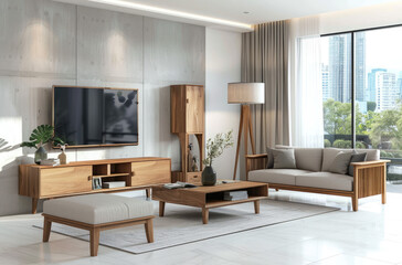 Modern living room with a concrete wall, light gray floor tiles and a wooden TV cabinet, a large table lamp, sofa, coffee table, a white window with a city view outside the glass, beige curtains