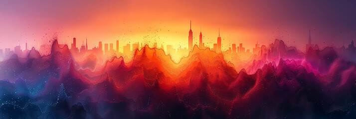 Wide panoramic colourful background with burning effect, abstract cityscape in bright reddish background 