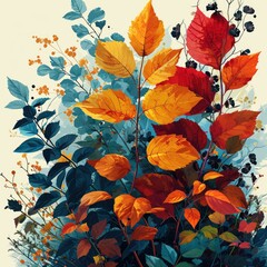 leafy branches,flat illustration,minimalism,vintage deep color