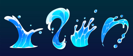Cartoon water splash and surf wave. Cute comic sea or ocean liquid swirl effect with spray and drops. Blue stream flow for animation or game ui design. Tidal flood falling with foam and ripple. - obrazy, fototapety, plakaty