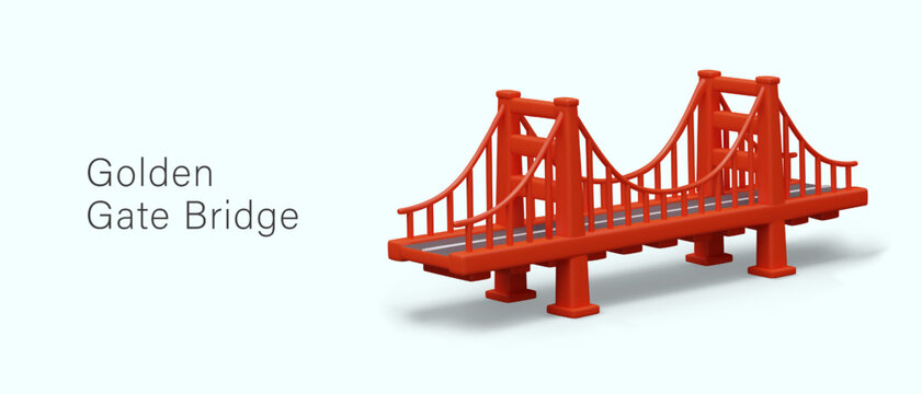 Realistic Golden Gate Bridge. Bright red illustration with shadow. Tourist attraction of America