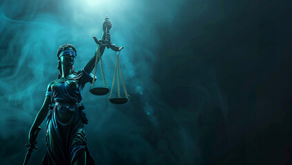 Fototapeta premium Stately Lady Justice Sculpture Embraced by a Cerulean Abyss