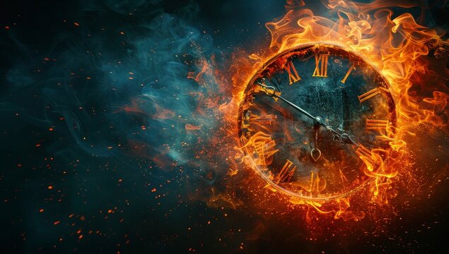 Time running out, a clock exploding in flames