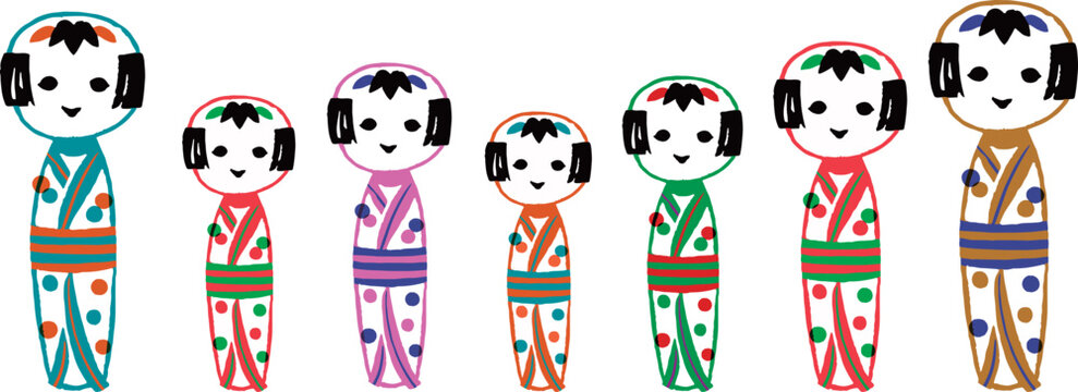 カラフルなかわいい笑顔のこけし人形