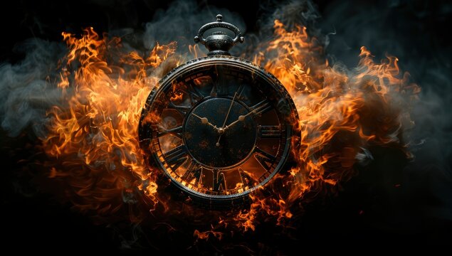 Time running out, a clock exploding in flames