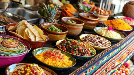 Indulge in a vibrant Fiesta celebration with a colorful buffet spread featuring delectable dulce de leche and a tempting selection of authentic Mexican dishes