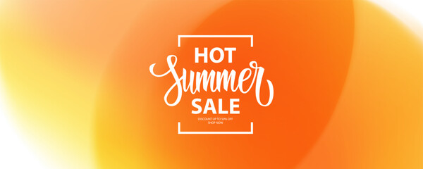 Hot Summer Sale promotional banner. Summertime commercial background with hand lettering for business, seasonal shopping, promotion and sale advertising. Vector illustration.