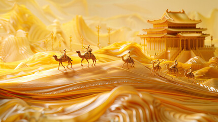 Camel carrying cargo or people on the Silk Road concept in the desert
