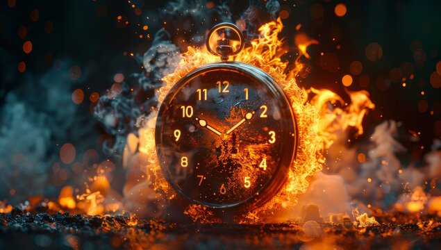 Time running out, a clock exploding in flames