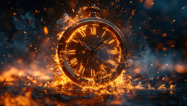 Time running out, a clock exploding in flames