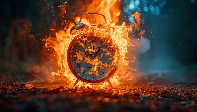 Time running out, a clock exploding in flames