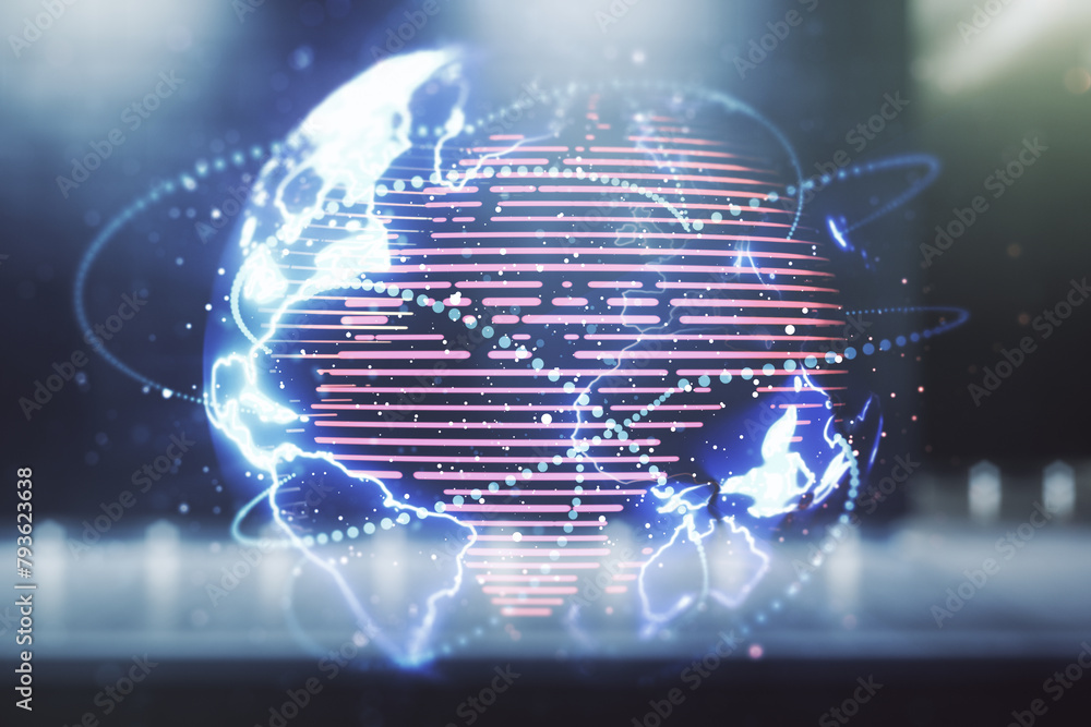 Poster double exposure of abstract digital world map hologram with connections on contemporary business cen