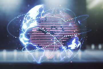 Double exposure of abstract digital world map hologram with connections on contemporary business center exterior background, big data and blockchain concept - obrazy, fototapety, plakaty