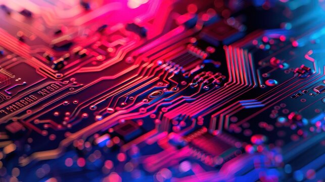 close-up of the inside of a computer microchip circuit in neon colors