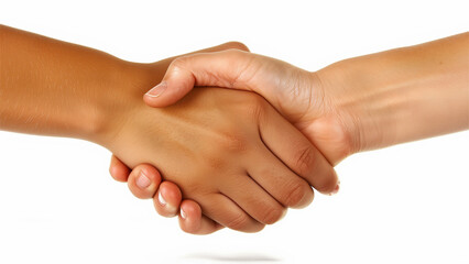 Close-up high-definition image of an Asian woman shaking hands with a raised palm, symbolizing win-win cooperation on a clean white background with subtle light and shadow.