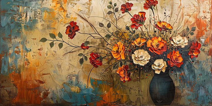 An abstract painting featuring metal elements, a texture background, flowers, plants, and flowers in a vase