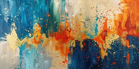 Oil painting with large brushstrokes, paint stains, strokes, gold elements, orange, gold, blue, abstraction