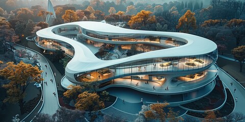 Obraz premium An aerial view of a futuristic architecture building with curve glass windows