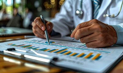 A healthcare professional examines detailed medical statistics on paper enhanced with digital data visualization, signifying modern medical analysis