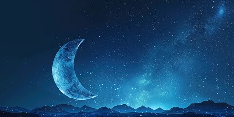 A moon in the night sky with a polygonal crescent moon in the night sky for Ramadan celebrations on a blue background - Powered by Adobe