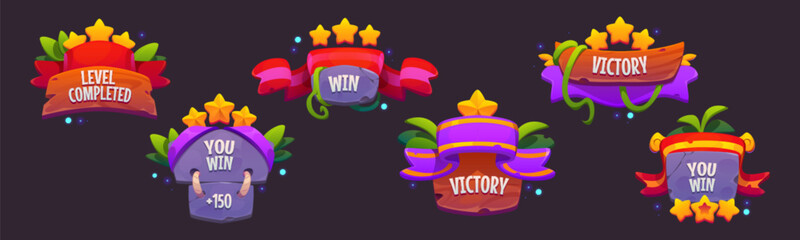 Fototapeta premium Win and level up badges for mobile game ui design. Cartoon vector illustration of medieval stone and wood labels with victory sign, ribbon and star rating. Cute popup borders for winner congratulation