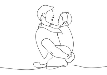 Father with a Child Continuous One Line Drawing. Father`s Day Card in Abstract Minimal Linear Style. Man with Baby. Happy Fatherhood Concept. Vector Illustration