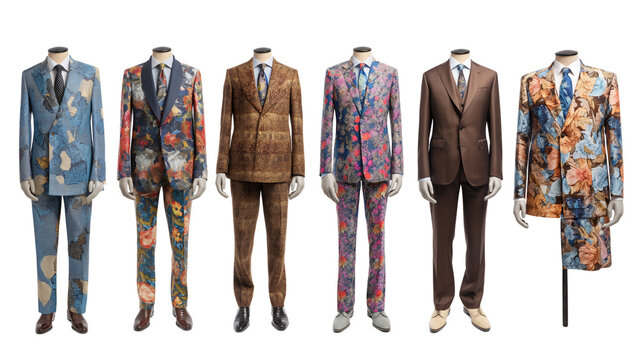 Lineup of mannequins showcasing an array of patterned suits.