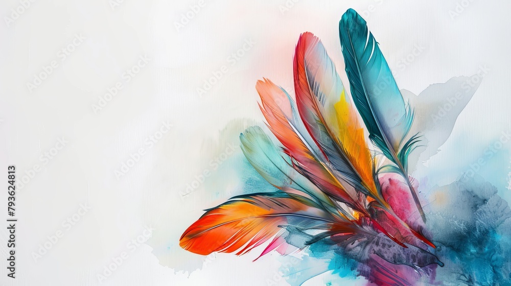 Poster colorful bohemian feathers adding a playful touch to a blank white canvas