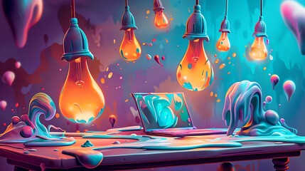 Creative workspace illuminated by a series of colorful light bulbs, each hanging at a different height, providing a bright and artistic atmosphere