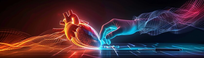 Experienced surgeon examining a human heart just before a transplant, with focused lighting and surgical tools laid out nearby