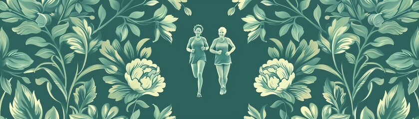 Fit elderly couple jogging together in a peaceful park setting, wearing comfortable running gear and smiling, surrounded by lush greenery
